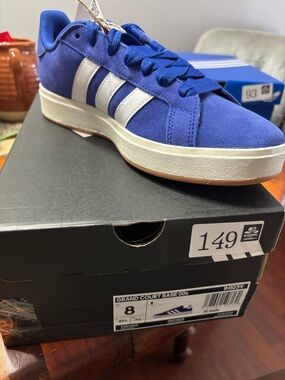 Adidas Blue Suede Court-Style Sneakers with White Stripes
